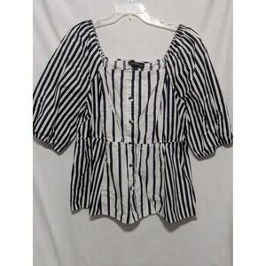 Lane Bryant 18 Striped Peplum Blouse Navy Blue White Square Neck Puff Sleeve